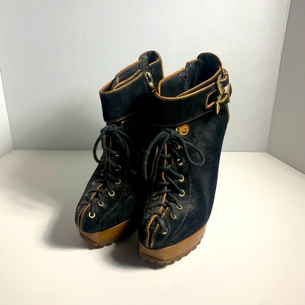 SCHUTZ Black Suede Lace Up Strap Heeled Boot